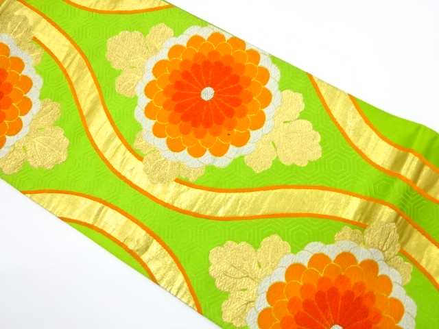 JAPANESE KIMONO / ANTIQUE FUKURO OBI / SILK / WOVEN KIKU TATEWAKU PATTERN